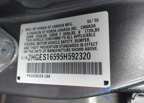 2005 Honda Civic Lx из США, поврежденный, VIN 2HGES16595H592320